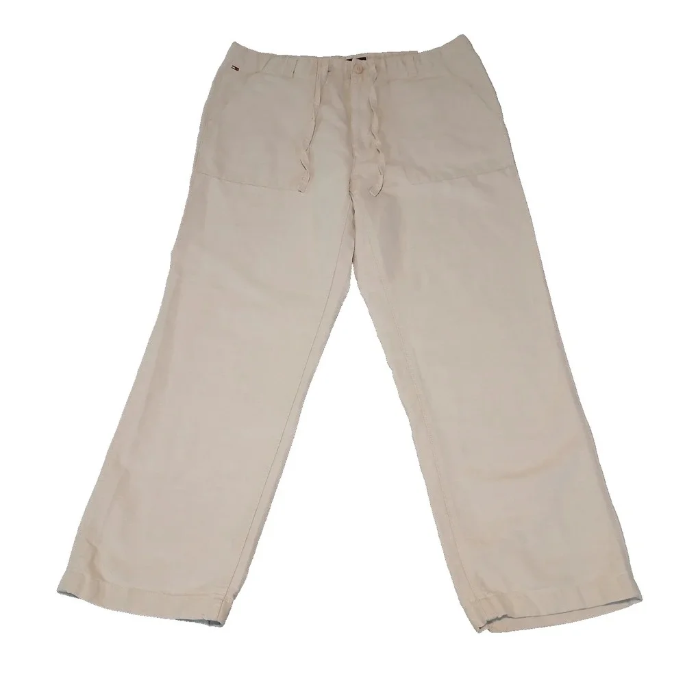 TOMMY HILFIGER Pants Men 36x30 Linen Drawstring Slim Fit Lightweight Chino Beige